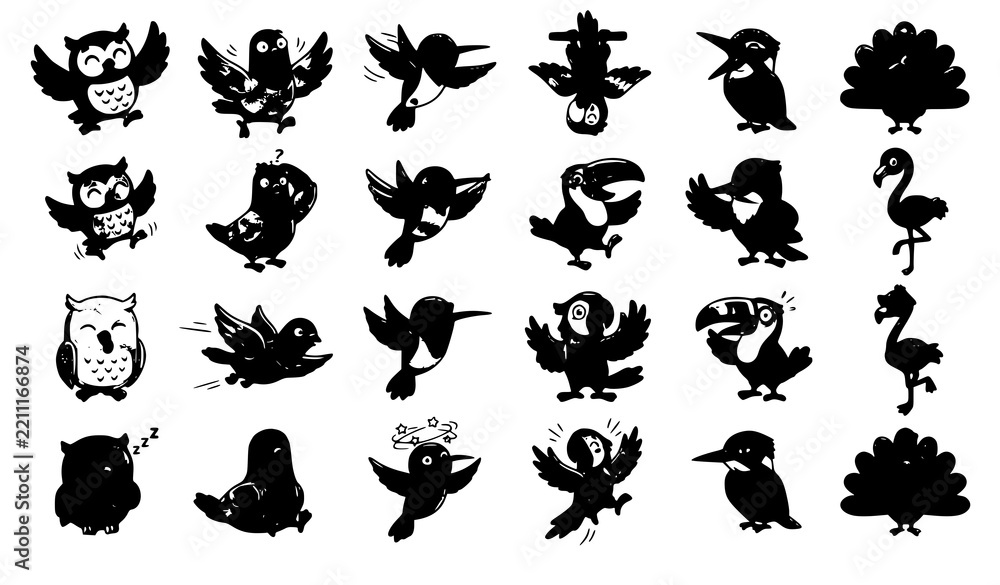Fototapeta premium Funny Exotic Cartoon Bird Characters Colorful Kids Vector Collection