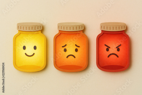 Three colorful jar with emotion face, happy, sad and angry mood on pastel background, feeling concept