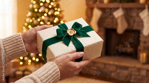 Person holding a beautifully wrapped Christmas gift box with green velvet ribbon and golden wax seal in cozy festive interior