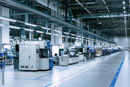 最先端技術の工場内部で稼働する自動化生産ラインの風景