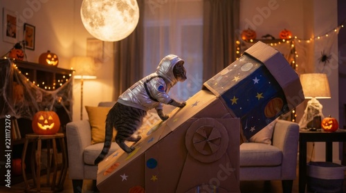 Tabby cat in a shiny silver astronaut suit climbs a large cardboard