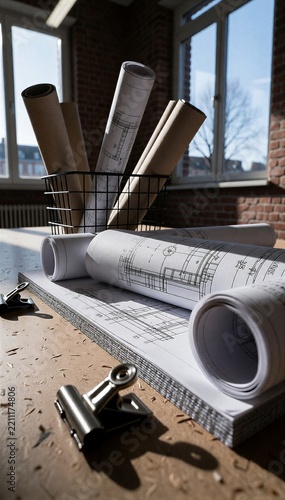Rolled architectural blueprints on a wooden worktable