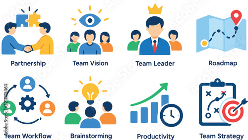 Teamwork Leadership and Business Management Concept Icon Set