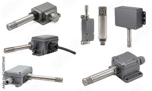 Set of industrial humidity and temperature sensors on transparent background. Professional environmental monitoring equipment and electronic measuring hardware collection. 