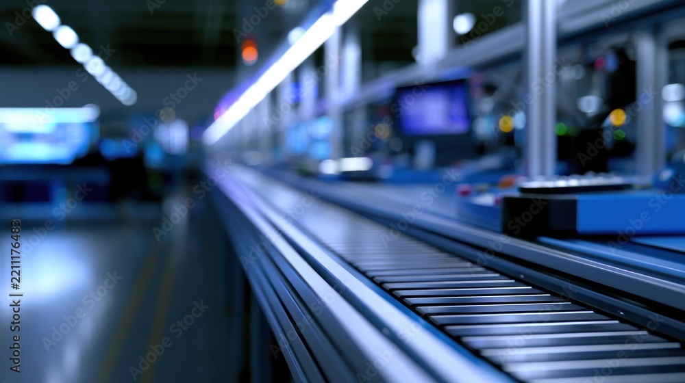 Fototapeta premium A modern, automated conveyor belt system in a high-tech factory with blurred background screens