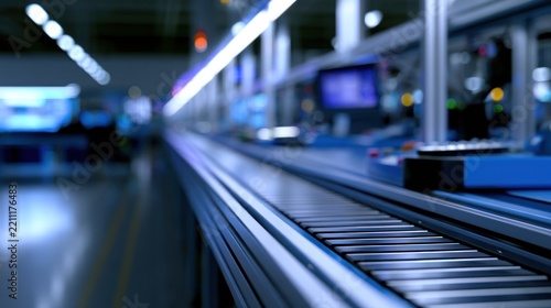 A modern, automated conveyor belt system in a high-tech factory with blurred background screens