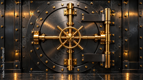 Heavy dark metal bank vault door locked securely with glowing golden bars