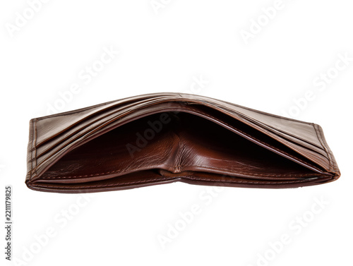 Empty brown leather bifold wallet opened wide isolated