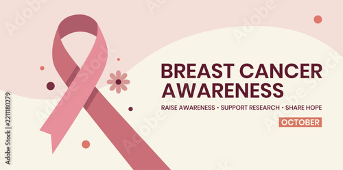 October Breast Cancer Awareness Month Banner With Pink Ribbon And Elements Flat Vector Design Art 