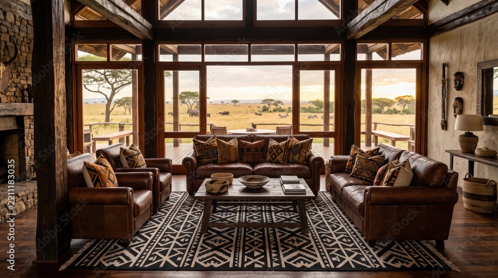 Obraz premium Rustic lodge living room overlooking an African savanna with zebras and elephants. Wildlife view from a timber-framed lounge. Safari hospitality. Luxury travel and interior design.