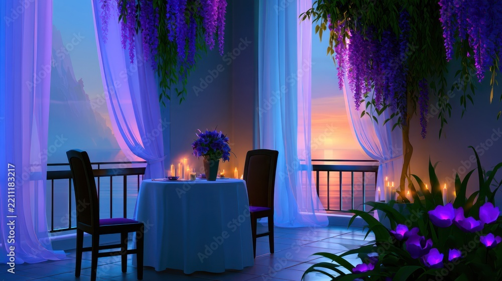 Fototapeta premium Romantic terrace dining setup with sunset view under lush purple flowers and glowing candles