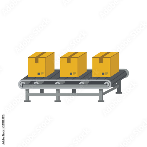 Cardboard boxes moving on an industrial conveyor belt shipping logistics
