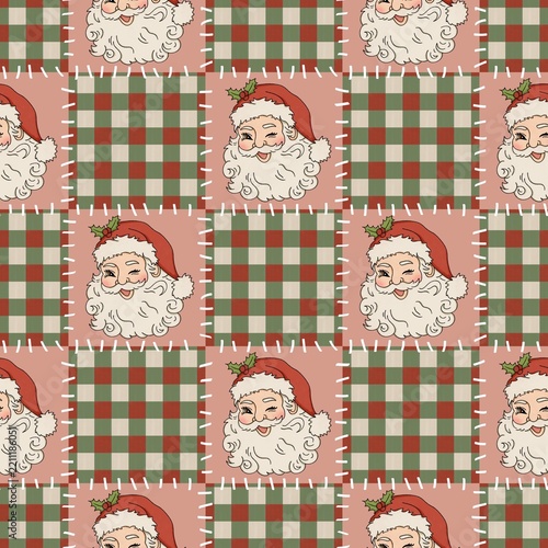 Christmas Seamless Pattern with Santa Claus Patchwork, Postage Stamps, Gingham and Holiday Decorations, Cute Vector Design for Cards, Scrapbooks, Wallpaper and Textile Décor
