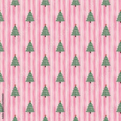Christmas Seamless Pattern with Green Christmas Trees, Stripes, Vintage Vector Design for Wallpaper, Fabric, Textile, Spring Decor and Pastel Decorative Backgrounds