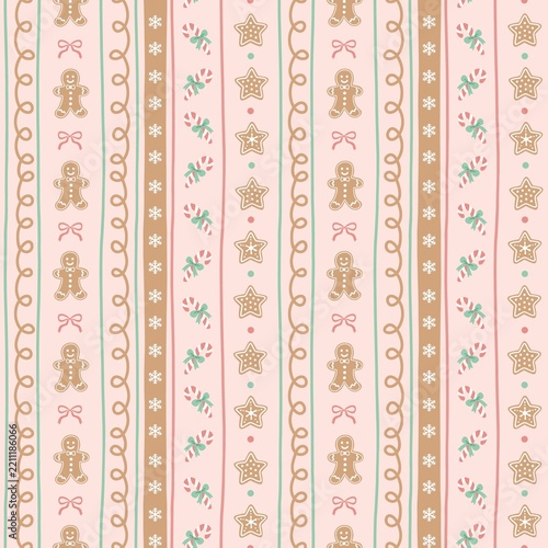 Christmas Seamless Pattern Stripes with Gingerbread Star and Bow, Vintage Vector Background for Wallpaper, Fabric, Textile, Scrapbook Paper, Baby Decor and Decorative Design