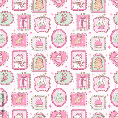 Pink Vintage Christmas Seamless Pattern with Postage Stamps, Holiday Icons, Hearts and Snowman Christmas Tree, Reindeer, Festive Vector Design for Cards, Scrapbooks, Wallpaper and Textile Backgrounds