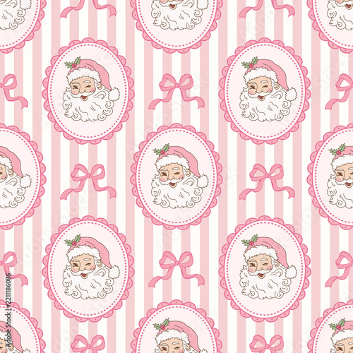 Pink Christmas Seamless Pattern with Santa Head Stripes Coquette Frame Design for Invitations, Christmas Cards, Scrapbooks, Fabric, Wallpaper and Decorative Backgrounds 