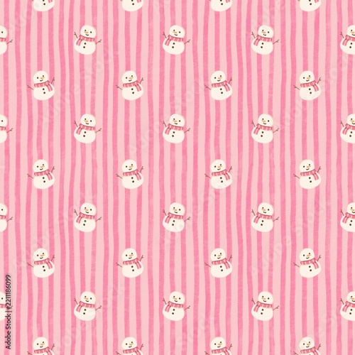 Seamless Pattern Pink Snowman with Bow and Stripes, Cute Vintage Botanical Vector Design for Wallpaper, Fabric, Greeting Cards, Baby Decor, Scrapbook and Decorative Backgrounds