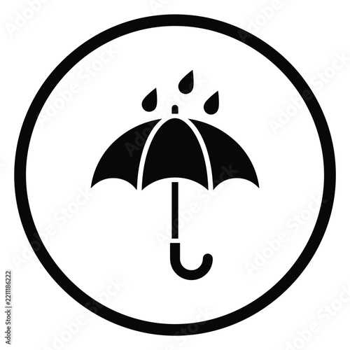 Black umbrella icon with falling raindrops inside a circular outline representing bad weather protection and autumn season concepts