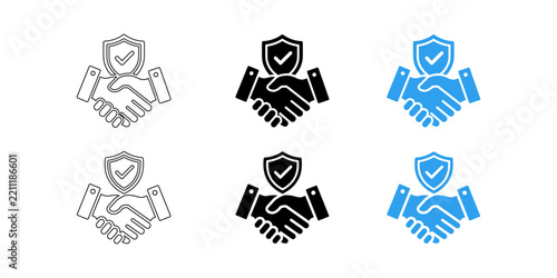 Set of handshake icons with a shield symbol representing secure business agreements and trust