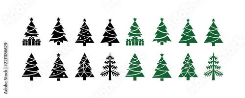 Collection of various stylized christmas tree icons in black and green color variations