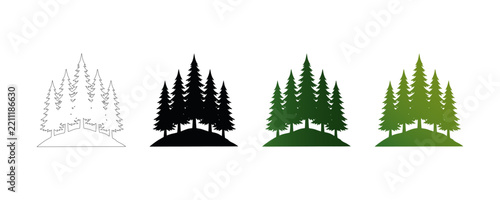Four stylized forest illustrations showing different artistic stages from outline to colored pine trees