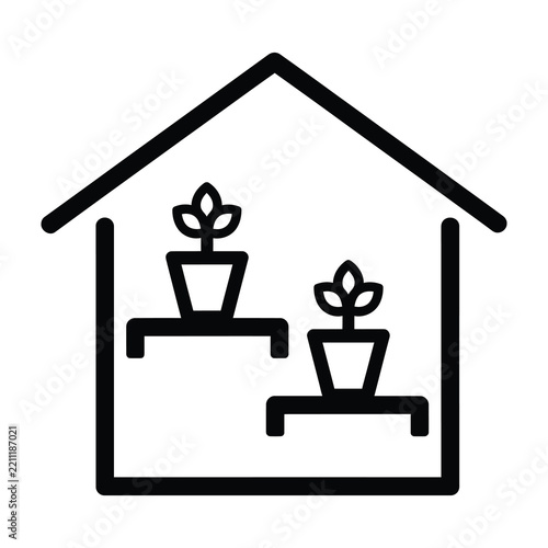 Greenhouse Icon Featuring Potted Plants on Shelves for Gardening and Agriculture