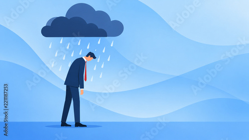 雨雲の下で落ち込むビジネスマン