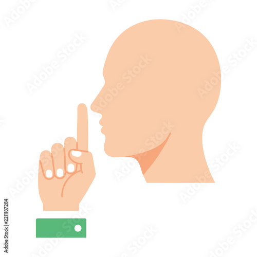 Man with finger on lips shushing gesture in front of face closeup