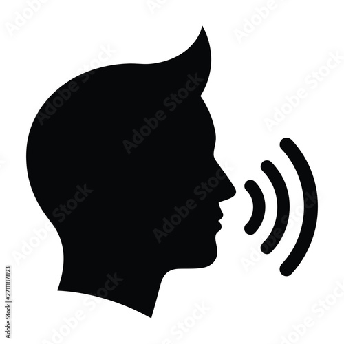 Black silhouette of a person whispering or speaking with sound waves