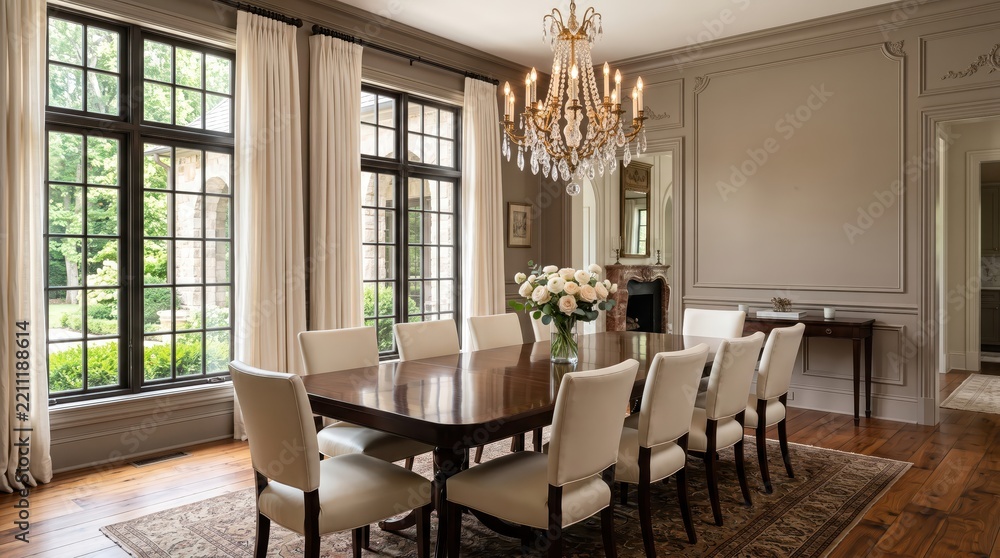 Obraz premium Elegant dining room with long wooden table, upholstered chairs and crystal chandelier beside garden windows. Traditional interior design. Formal dining and entertaining. Refined home decor.