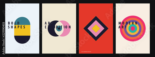 Set of abstract geometric poster design concepts featuring minimalist shapes and vibrant modern artistic patterns for creative wall decor