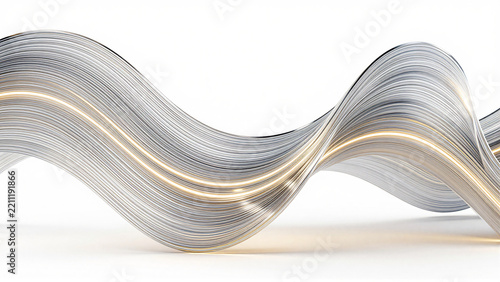 Abstract 3D Silver Metallic Wave with Glowing Light Line