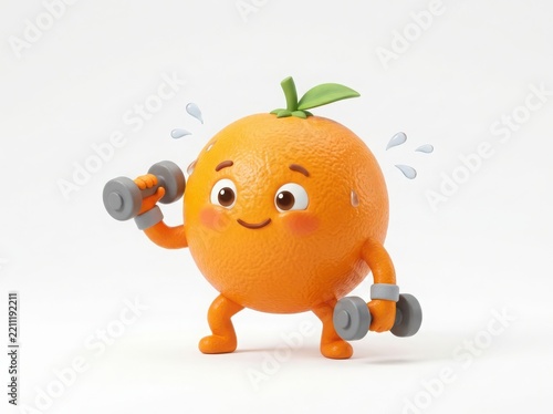 Cartoon orange character lifting dumbbells on a white background