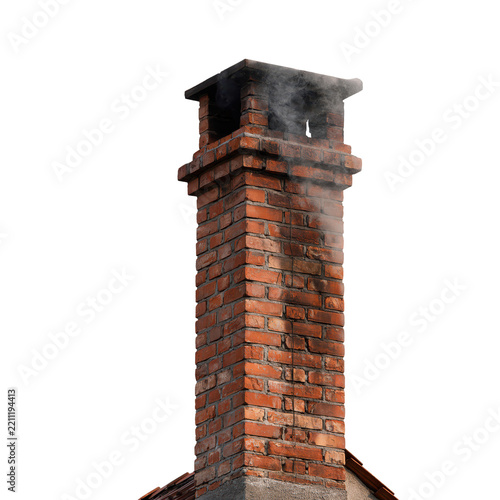 Brick chimney emitting smoke during daylight on isolated transparent background
