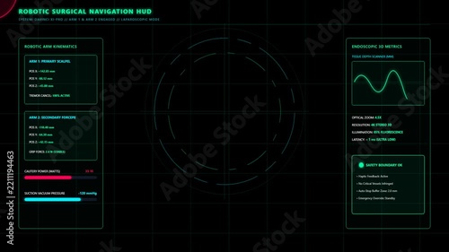 Futuristic Robotic Surgical Navigation HUD Interface Display for Advanced Medical Procedure Monitoring