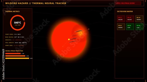 Futuristic Wildfire Hazard Monitoring Interface with Thermal Neural Spread Analysis and Data Metrics