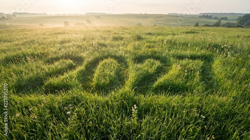 Year 2027 mowed into green grass meadow. Sunrise landscape with morning mist. Rural agriculture field. Fresh spring nature background for new year concept and future planning banners