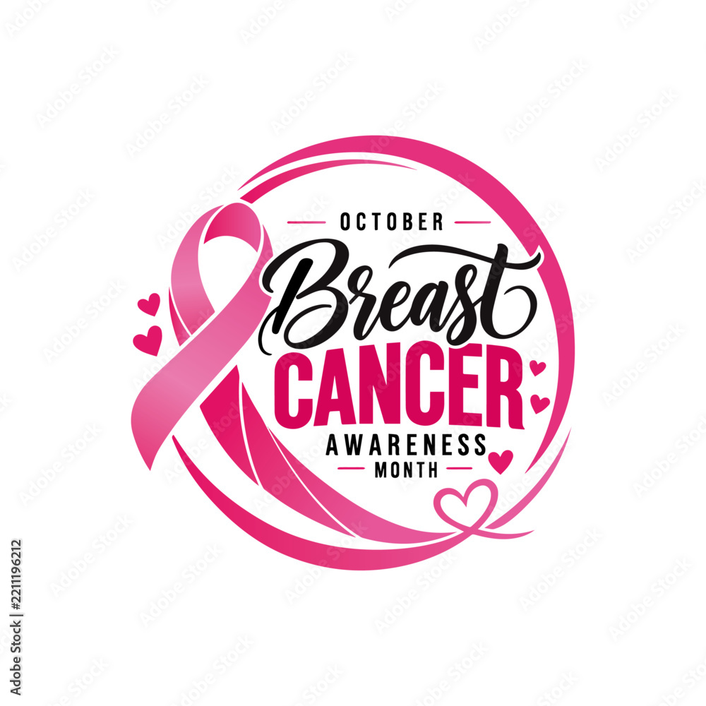 Obraz premium October breast cancer awareness month logo with pink ribbon and hearts for charity event marketing.