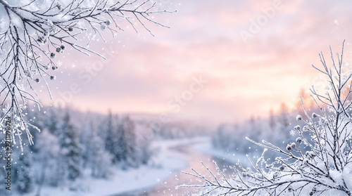 Frosty winter river landscape at sunset with snowy pine trees and purple sky perfect for peaceful nature greetings