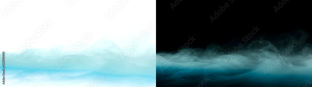 Naklejka premium Smoke flowing in cool cyan and aqua waves along the ground for dreamy overlays and backgrounds in PNG, Transparent and Black Background Versions