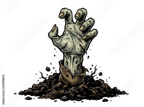 Illustration of a zombie hand reaching up from a pile of dark soil
