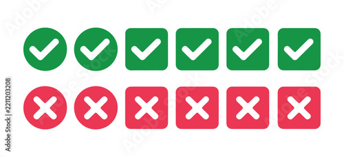 Green checkmark and red cross icons vector set isolated on transparent background for status.