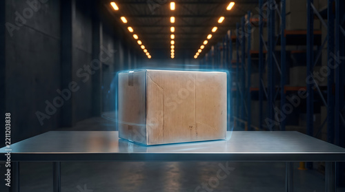 A cardboard shipping box with a glowing digital scan effect on a metallic table inside a modern warehouse.