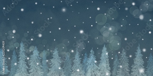 クリスマスの夜の水彩イラスト。雪降るモミの木の森と星空の幻想的な風景背景素材。