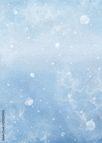 氷と雪が舞い落ちる冬の空の水彩イラスト。冷たいブルーのグラデーションが美しい縦型抽象背景素材。