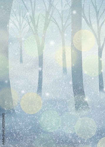 幻想的な冬の森の水彩イラスト。雪降る木立と大きな光のボケの水彩テクスチャ縦型背景素材。
