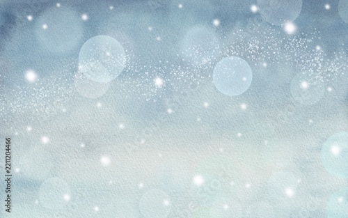 冬の夜空・雪空のイラスト。きらめく雪と光の帯が織りなす幻想的な水彩テクスチャ背景素材。
