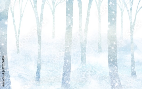 白銀の世界の幻想的な水彩イラスト。雪に覆われた明るい冬の森のフレーム背景素材。