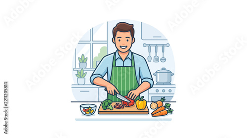 Happy man wearing apron chops fresh vegetables in a kitchen
